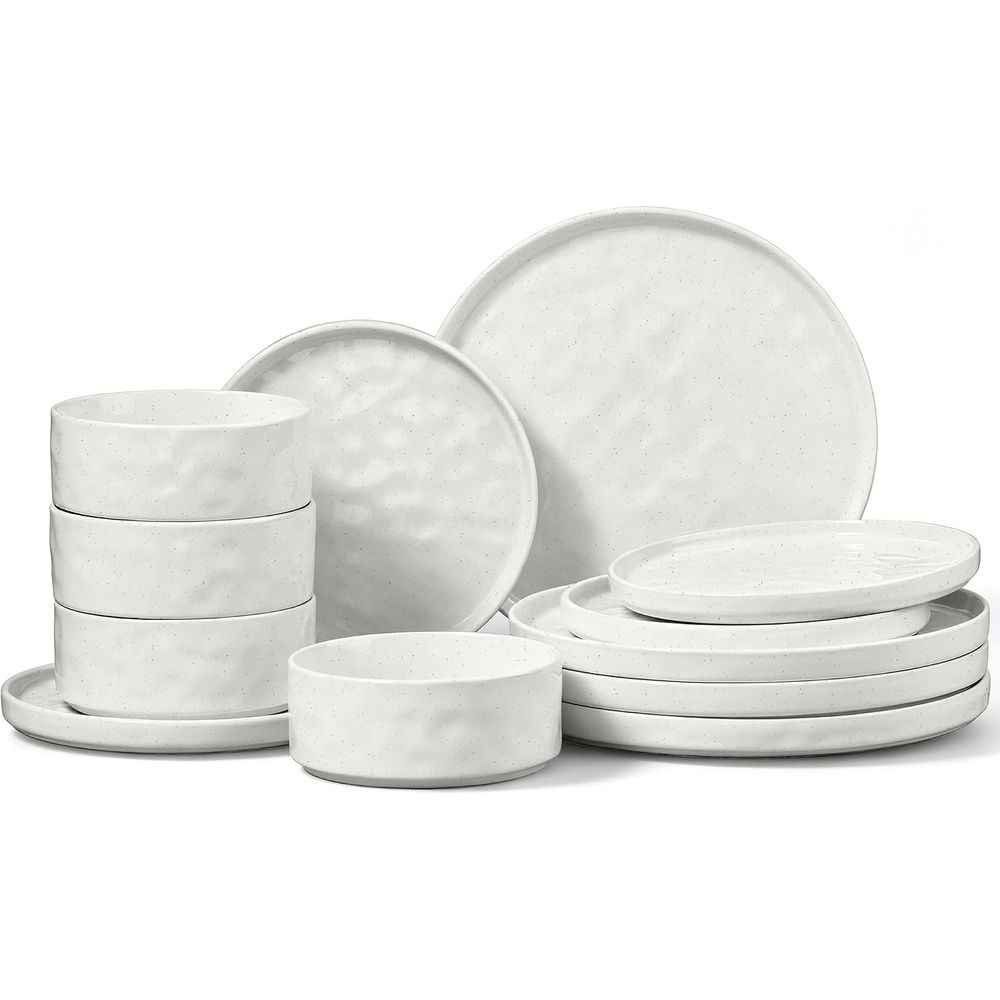 E-far Stoneware Dinnerware Set, 12-Piece White Plates and Bowls Sets for 4 | Modern Ripple Design Dishes Set for Kitchen Dining , Chip & Scratch Resistant, Microwave & Dishwasher Safe, Speckled White(Speckled White)