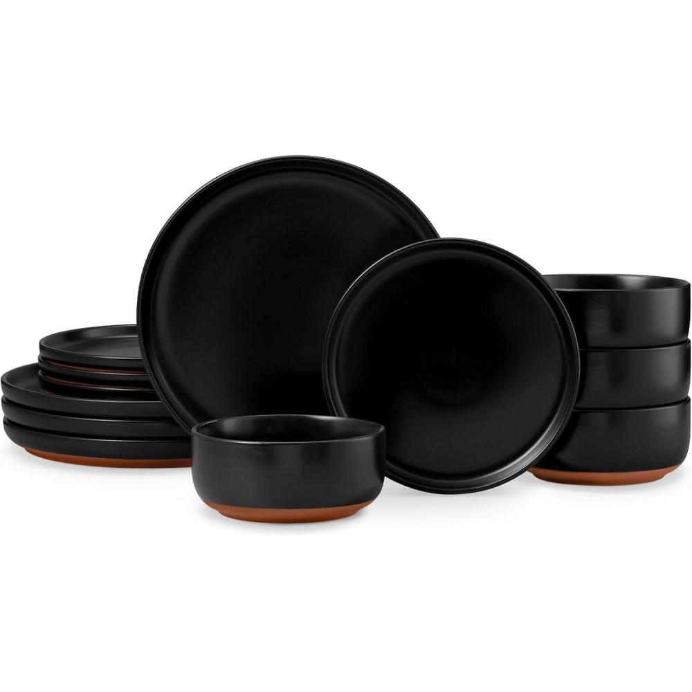 E-far 12-Piece Stoneware Dinnerware Sets, Plates and Bowls Sets for 4, Ceramic Dishware Dishes Set with Terracotta Base, Chip & Scratch Resistant, Microwave & Dishwasher Safe, Speckled White(Matte Black)
