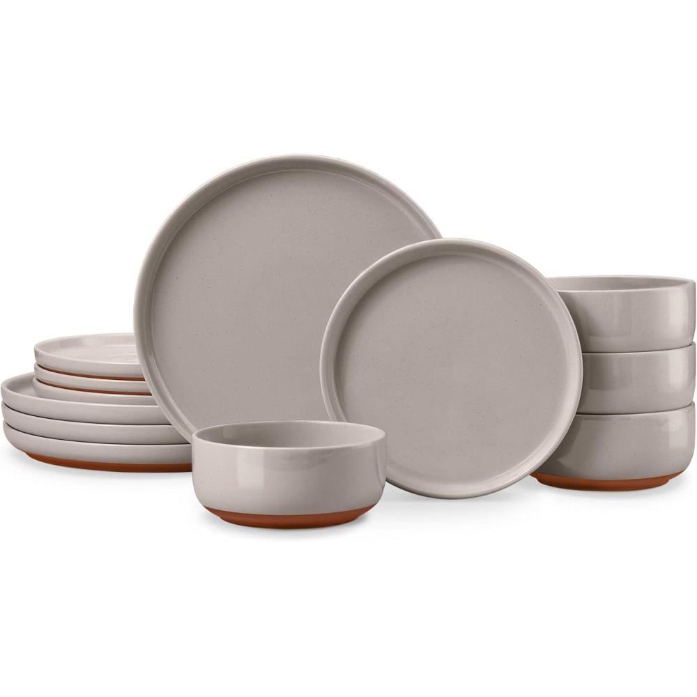 E-far 18-Piece Stoneware Dinnerware Sets, Plates and Bowls Sets for 6, Ceramic Dishware Dishes Set with Terracotta Base, Chip & Scratch Resistant, Microwave & Dishwasher Safe, Speckled White(Warm Taupe)