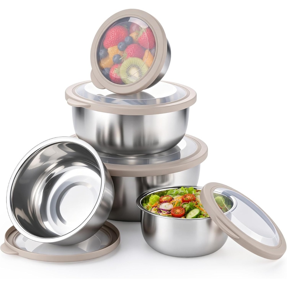 E-far Mixing Bowls with Lids Set of 5, Stainless Steel Nesting Salad Bowls(Khaki)