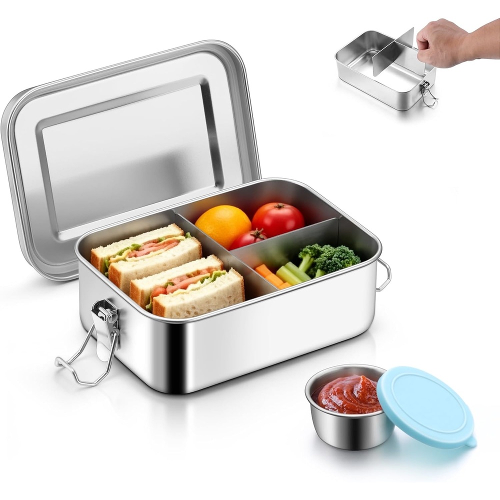 E-far Stainless Steel Bento Box for Kids & Adults, 47oz/1400ml Leakproof Lunch Box with 3 Compartments & Dressing Container, Removable Dividers & Lockable Clips for Lunch/Work, Dishwasher Safe(Blue)(Blue)