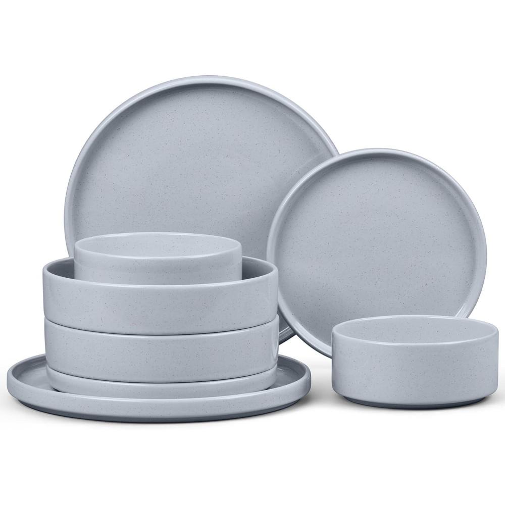 E-far Stoneware Dinnerware Sets for 4, 12-Piece Reactive Glaze Plates and Bowls Sets, Kitchen Ceramic Dishes Dinning Ware, Microwave & Dishwasher Safe, Deep Gray(Haze Gray)