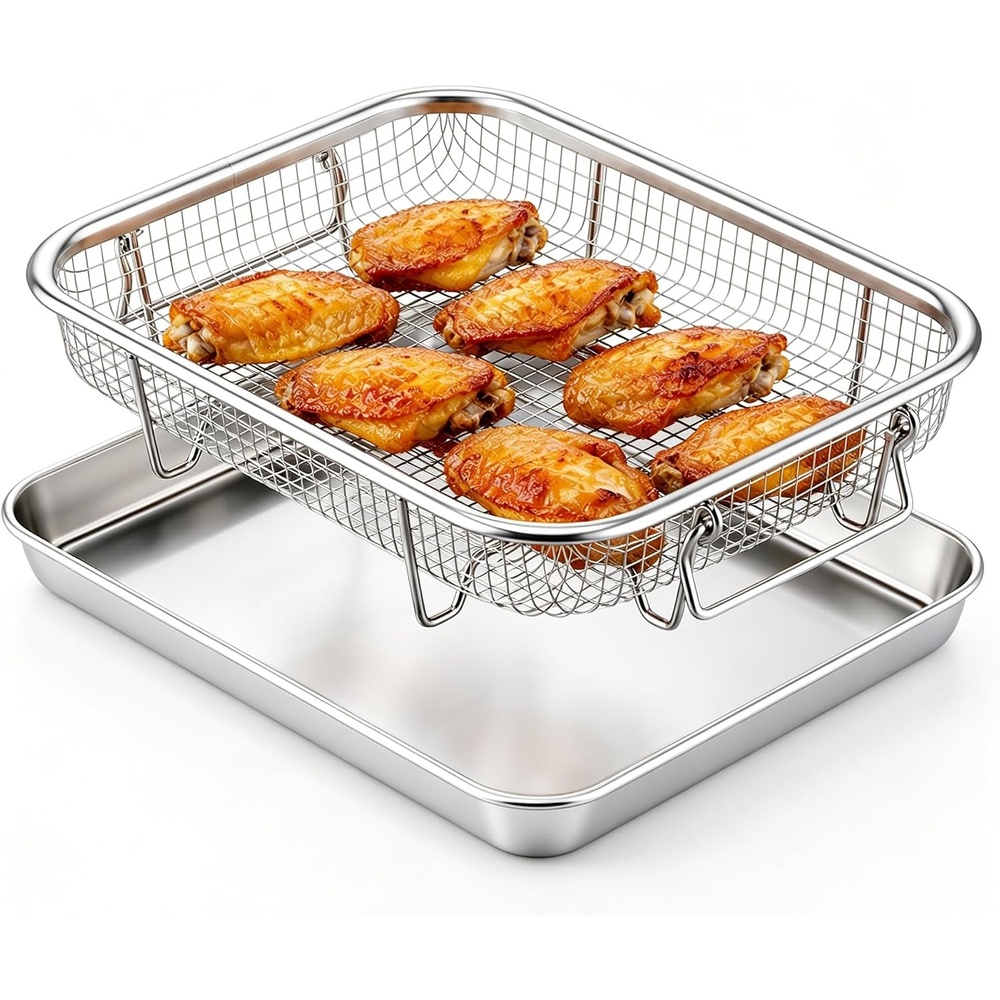 E-far Air Fryer Basket for Oven, Large Air Fryer Basket & Tray, 18’’ x 13’’ | Stainless Steel Crisper Tray & Baking Pan, for Oven Cooking Broiling Grilling, Heavy Duty & Dishwasher Safe(10.5 x 8.3)