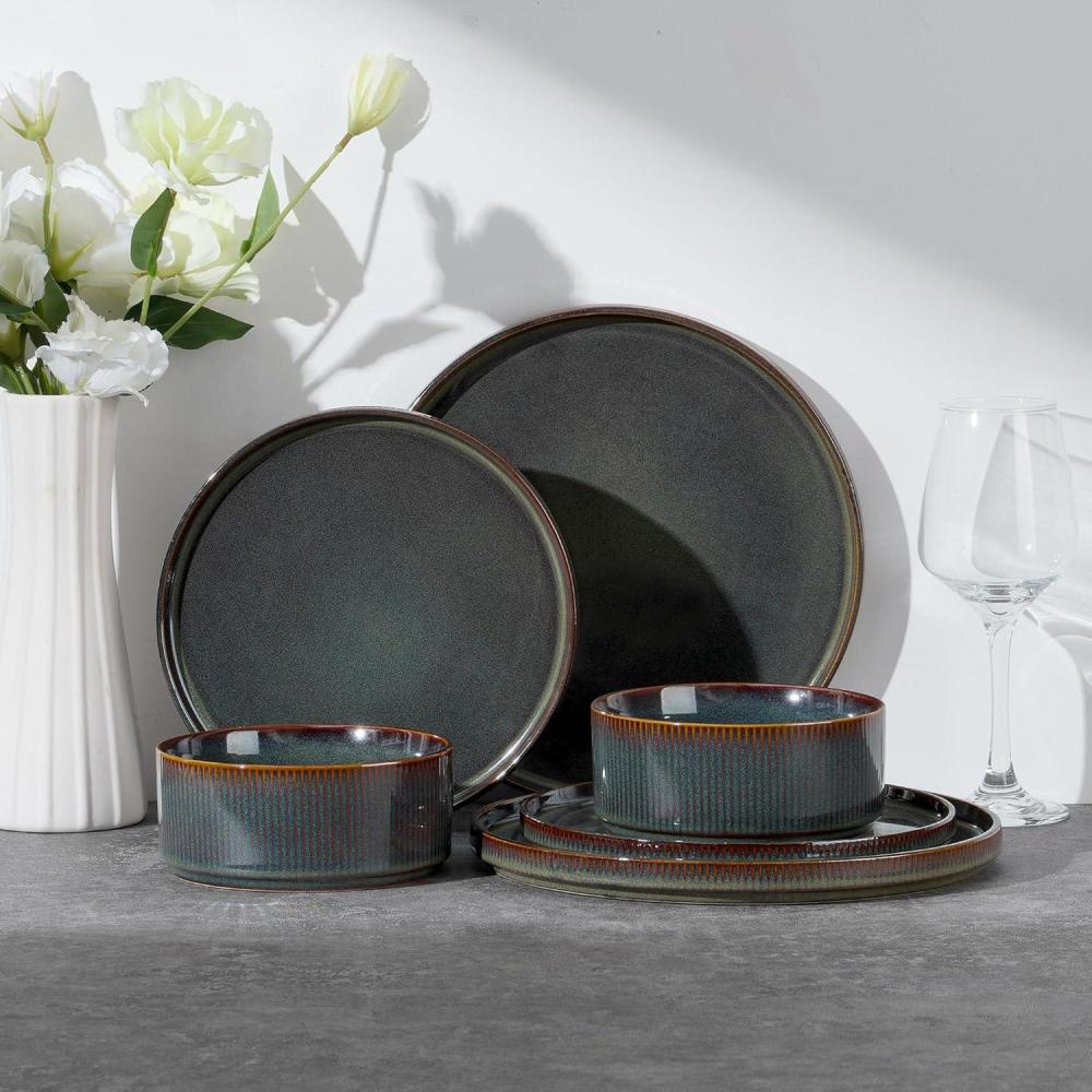 E-far Stoneware Dinnerware Sets for 2, 6-Piece Plates and Bowls Sets, Chip & Scratch Resistant Ribbed Dish Set for Home Restaurant, Microwave & Dishwasher Safe, Dusty Blue(Blackish Green)