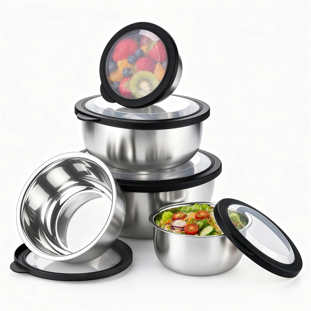 E-far Mixing Bowls with Lids Set of 5, Stainless Steel Nesting Salad Bowls(Black)