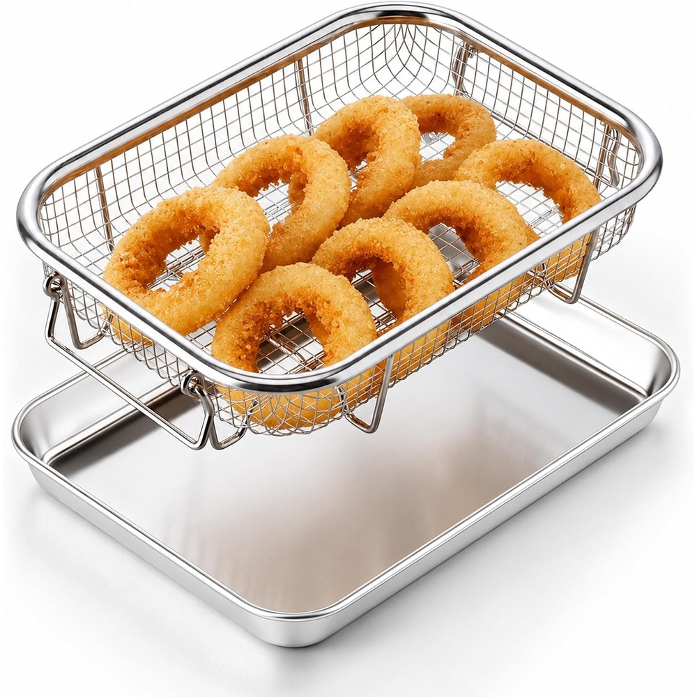 E-far Air Fryer Basket for Oven, Large Air Fryer Basket & Tray, 18’’ x 13’’ | Stainless Steel Crisper Tray & Baking Pan, for Oven Cooking Broiling Grilling, Heavy Duty & Dishwasher Safe(9.4 x 7.3)