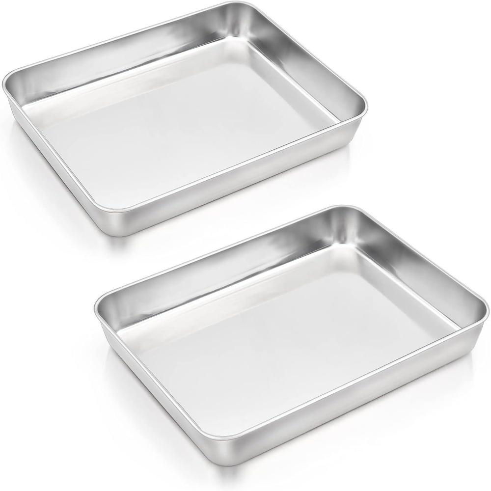 E-far Toaster Oven Baking Pan with Lid, 10.4x 8x 2 Stainless Steel Rectangle Sheet Cake Pans with Covers, Small Bakeware for Cakes Brownies Casseroles, Non-toxic & Dishwasher Safe -Set of 2(2Pans)