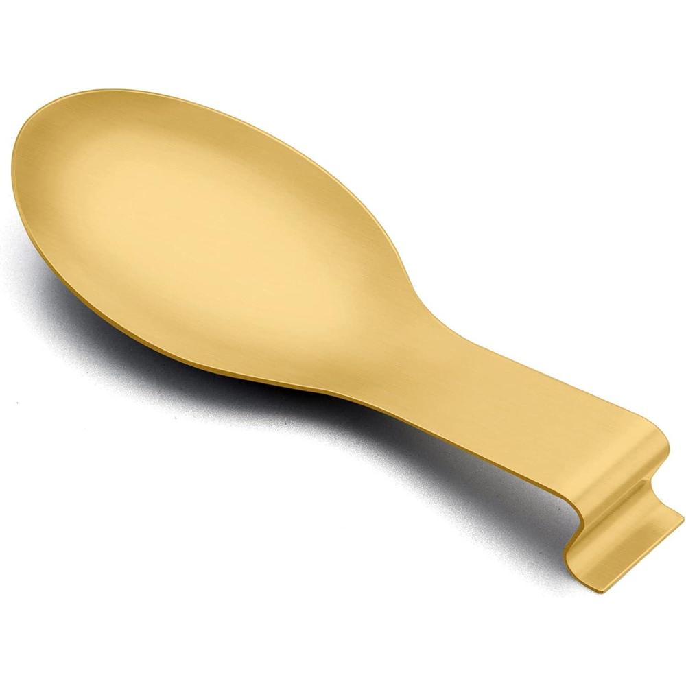Spoon Rest Set of 2, E-far Stainless Steel Spoon Ladle Holder Spatula Rest for Kitchen Stove Top, Large Size & Dishwasher Safe(Gold)