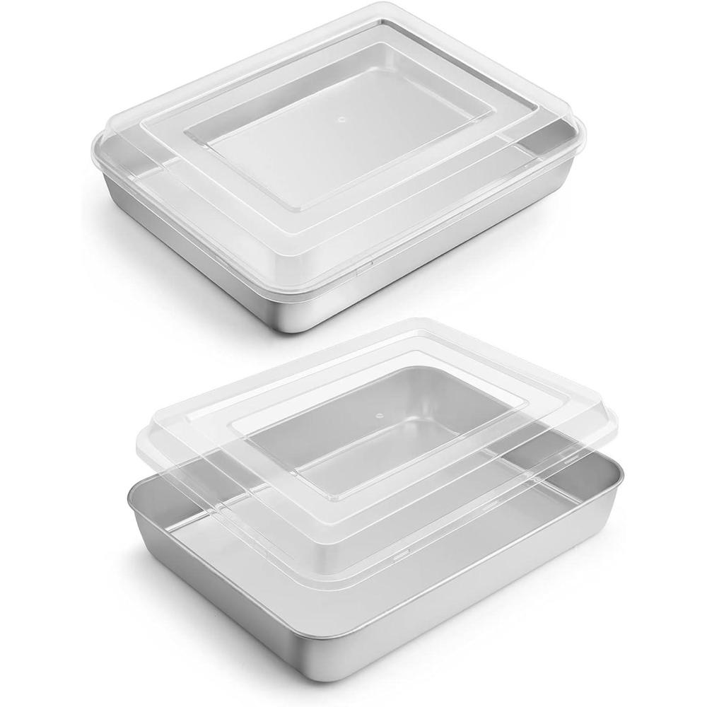 E-far Toaster Oven Baking Pan with Lid, 10.4x 8x 2 Stainless Steel Rectangle Sheet Cake Pans with Covers, Small Bakeware for Cakes Brownies Casseroles, Non-toxic & Dishwasher Safe -Set of 2(2Pans+2Lids)