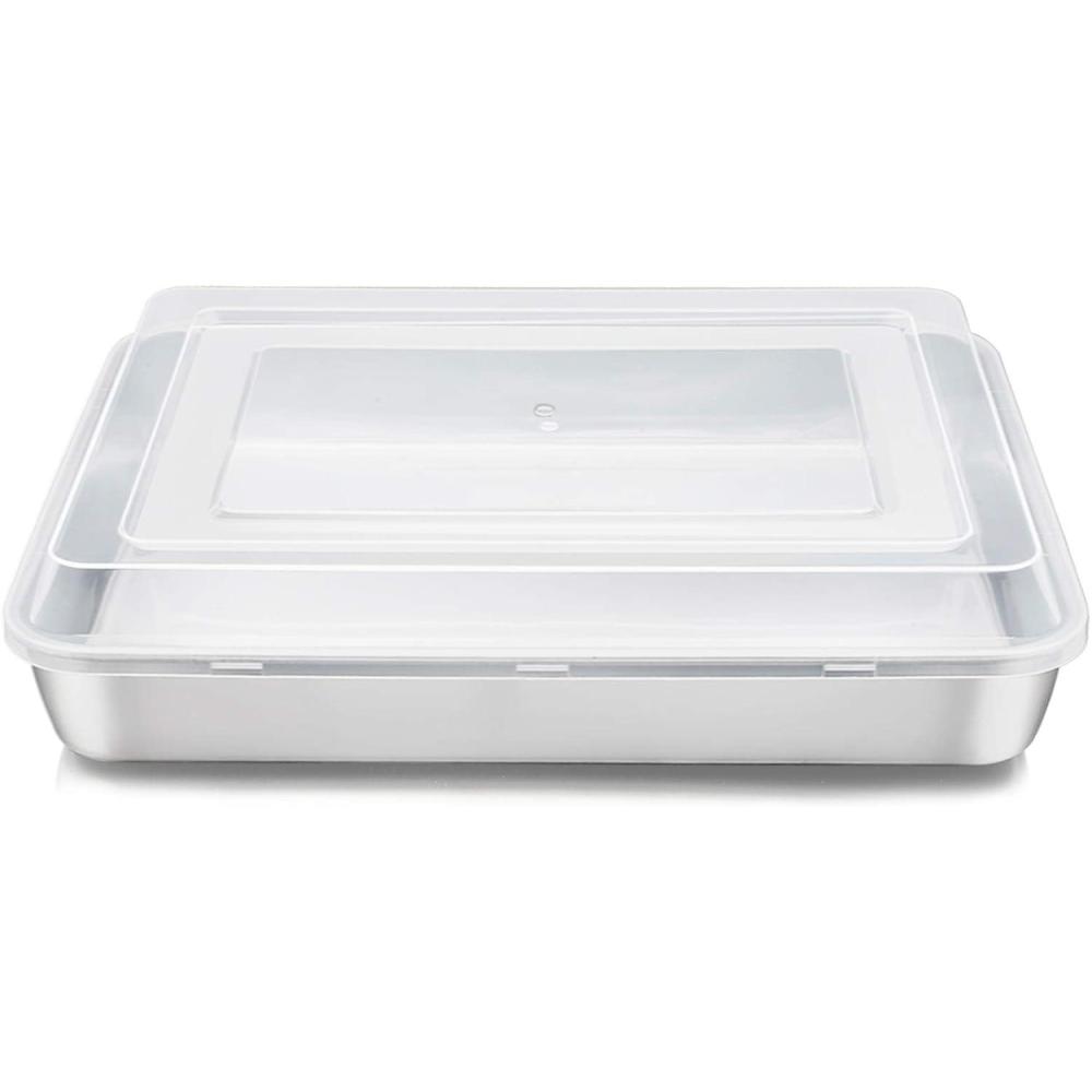 E-far Toaster Oven Baking Pan with Lid, 10.4x 8x 2 Stainless Steel Rectangle Sheet Cake Pans with Covers, Small Bakeware for Cakes Brownies Casseroles, Non-toxic & Dishwasher Safe -Set of 2(1Pan+1Lid)