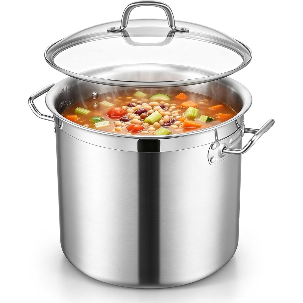 E-far 12 Quart Tri-Ply Stock Pot with Lid, Stainless Steel Cooking Pot(20 Quarts)