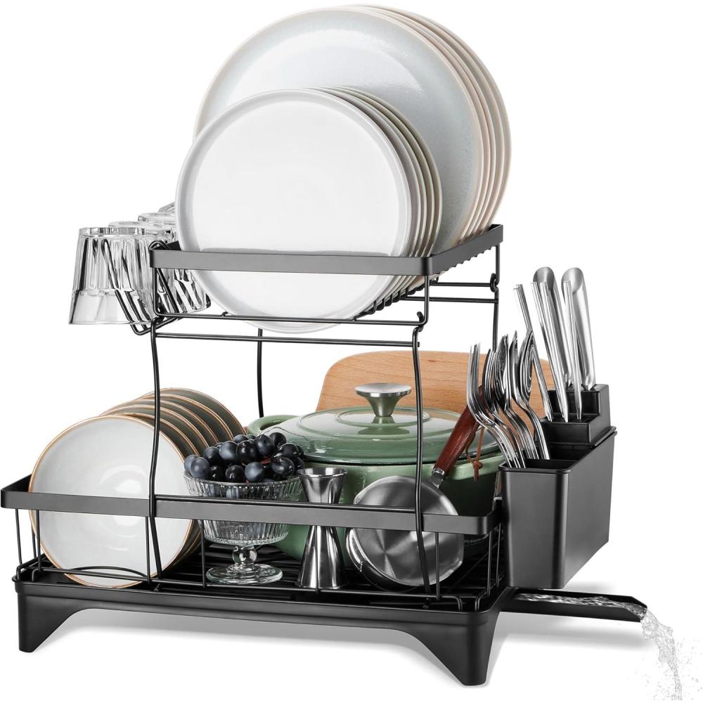 E-far Dish Drying Rack for Kitchen Counter, 2 Tier Small Dish Drainer Drying Rack, 16.7″ x 11.8″ x 13.9″ Metal Organizer with Drainboard and Utensil Holder, Large Capacity & Space Saving, Black