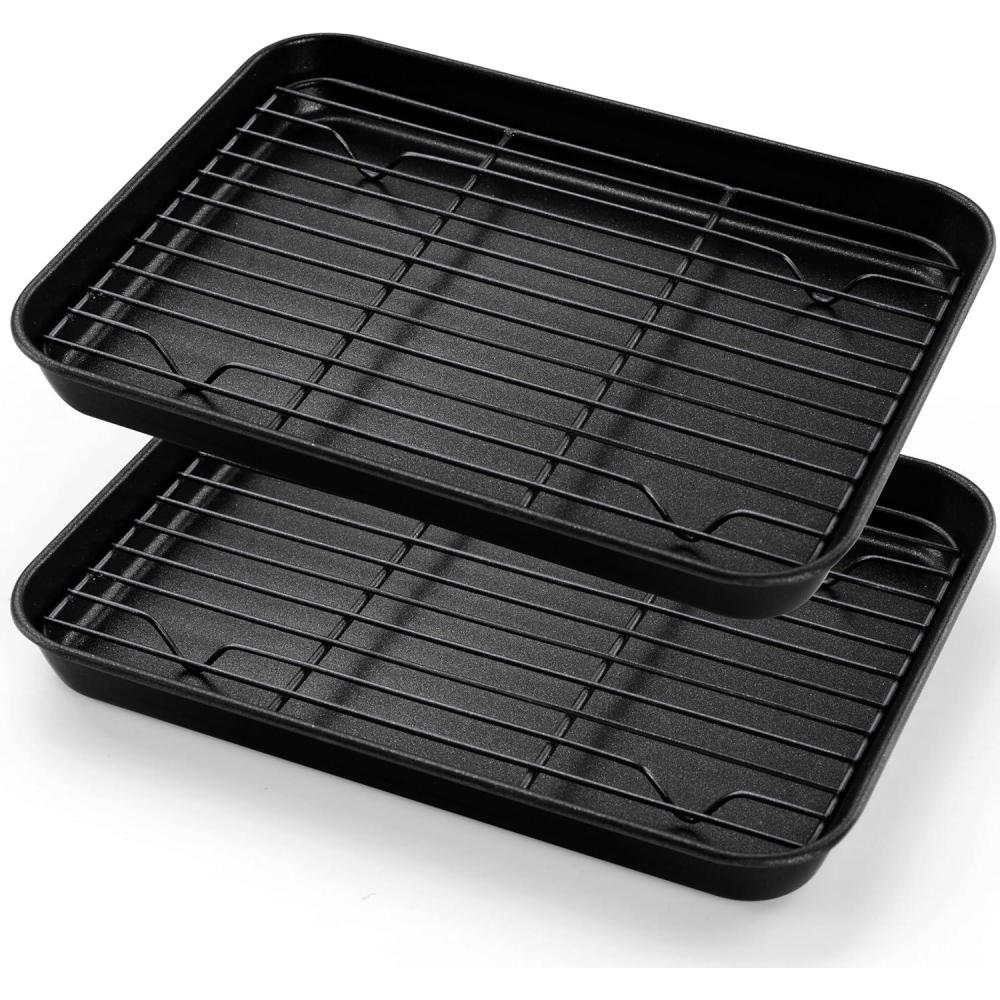 E-far Nonstick Baking Sheet with Rack Set, 16 x 12 x 1 Inch Cookie Sheet Baking Pans with Cooling Racks, Warp Resistant & Heavy-Duty, Non-Toxic & Easy Clean (2 Pans + 2 Racks)(10.5x8x1)