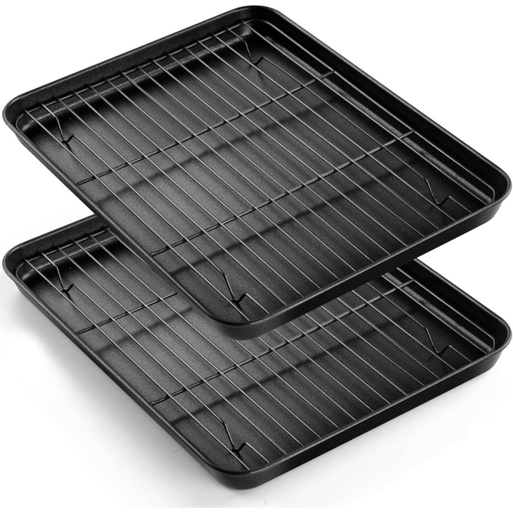 E-far Nonstick Baking Sheet with Rack Set, 16 x 12 x 1 Inch Cookie Sheet Baking Pans with Cooling Racks, Warp Resistant & Heavy-Duty, Non-Toxic & Easy Clean (2 Pans + 2 Racks)(12.5x9.5x1)