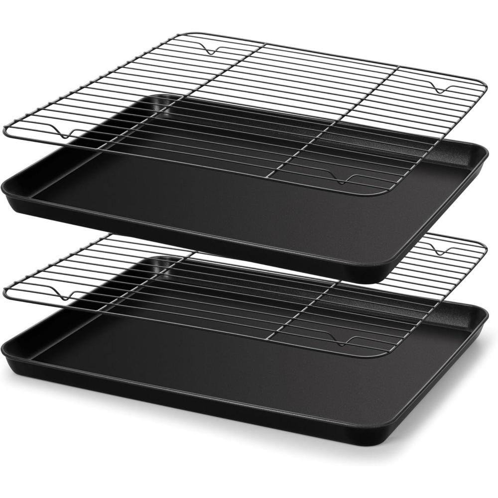 E-far Nonstick Baking Sheet with Rack Set, 16 x 12 x 1 Inch Cookie Sheet Baking Pans with Cooling Racks, Warp Resistant & Heavy-Duty, Non-Toxic & Easy Clean (2 Pans + 2 Racks)(16x12x1)