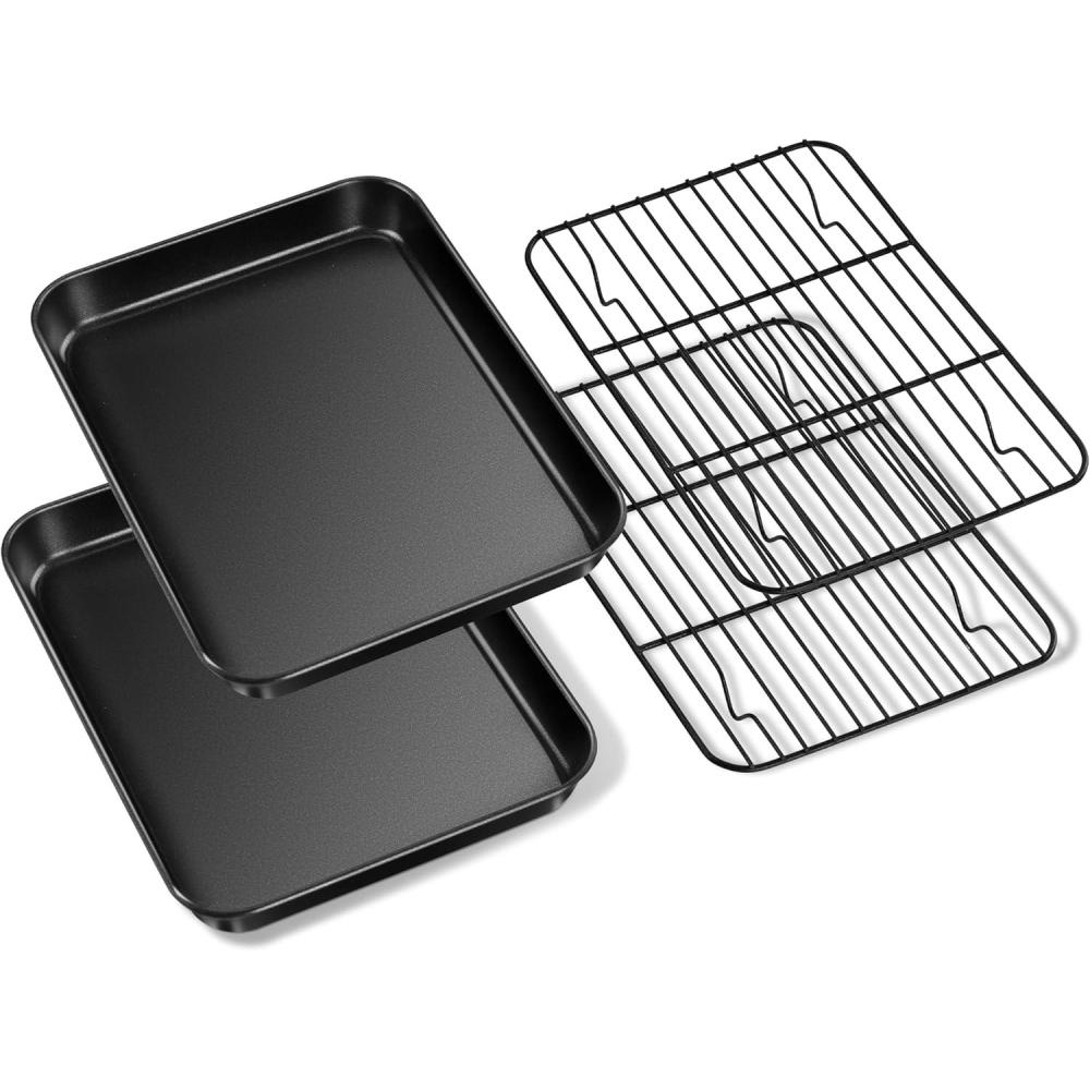E-far Nonstick Baking Sheet with Rack Set, 16 x 12 x 1 Inch Cookie Sheet Baking Pans with Cooling Racks, Warp Resistant & Heavy-Duty, Non-Toxic & Easy Clean (2 Pans + 2 Racks)(9x7x1)