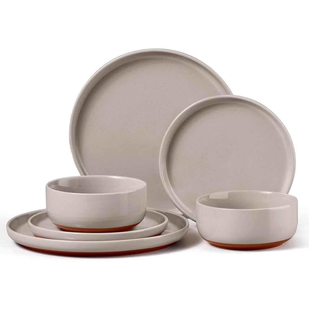 E-far 6-Piece Stoneware Plates and Bowls Sets, Dinnerware Sets for 2, Ceramic Dishware Dishes Set with Terracotta Base, Chip & Scratch Resistant, Microwave & Dishwasher Safe, Matte Black(Warm Taupe)