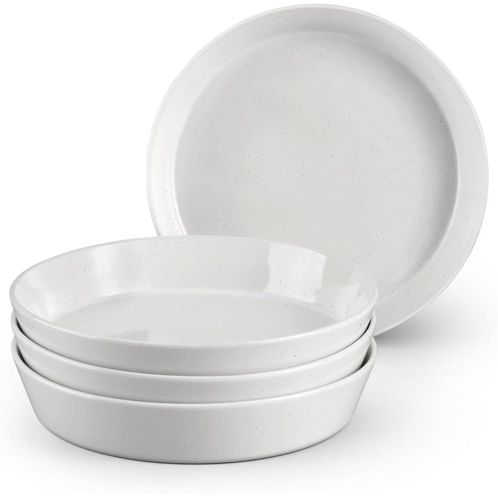 E-far Pasta Bowls, 34oz Stoneware Bowl Plate for Dinner Serving Soup Salad, Wide & Shallow Large Ceramic Pasta Plate Set of 4, Microwave & Dishwasher Safe, Speckled White, 8.7(Speckled White)