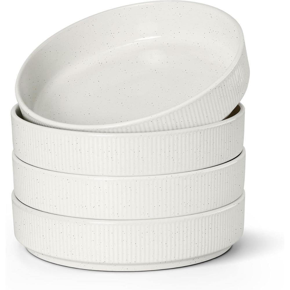 E-far Pasta Bowls Set of 4, 35oz Large Salad Bowl Plate for Dinner Serving, Wide & Shallow Ceramic Stoneware Pasta Plates, Microwave & Dishwasher Safe, Reactive Glaze Textured Stripes, Dark Blue(Speckled White)