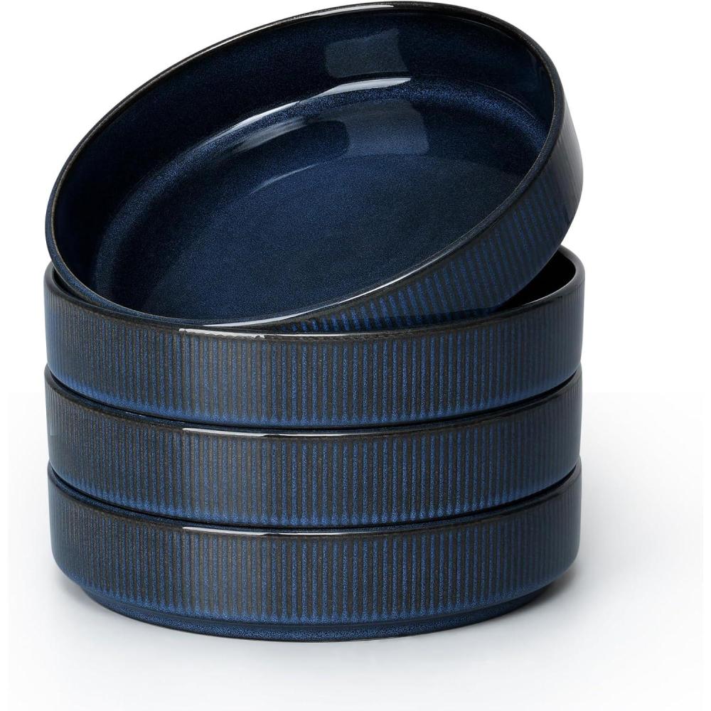 E-far Pasta Bowls Set of 4, 35oz Large Salad Bowl Plate for Dinner Serving, Wide & Shallow Ceramic Stoneware Pasta Plates, Microwave & Dishwasher Safe, Reactive Glaze Textured Stripes, Dark Blue(Starry Blue)