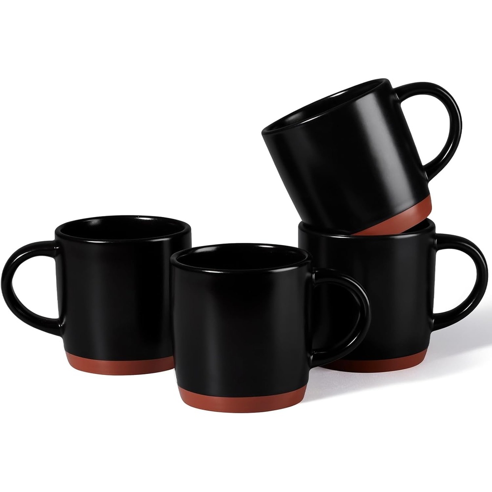E-far Ceramic Coffee Mug Set of 4, 12oz Stoneware Coffee Cup with Handle, Porcelain Tea Cups, Modern Farmhouse Latte Mug Gift Set for Women & Men, Microwave Safe, Speckled White(Matte Black)