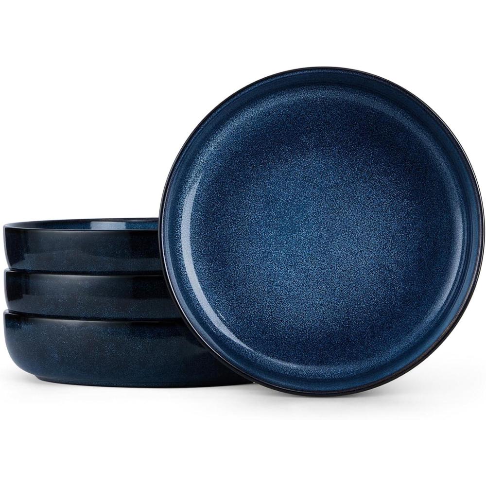 E-far Pasta Bowls Set of 4, 35oz Large Salad Bowls for Serving, Wide and Shallow Ceramic Plates for Kitchen, Double Reactive Glaze, Microwave and Dishwasher Safe, Seashell White(Deep Sea Blue)