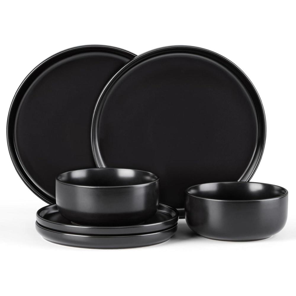 E-far 12-Piece Reactive Glaze Dinnerware Sets, Ceramic Dishes Set for 4, Stoneware Plates and Bowls Dinning Ware, Microwave & Dishwasher Safe – Ocean Blue(Matte Black)