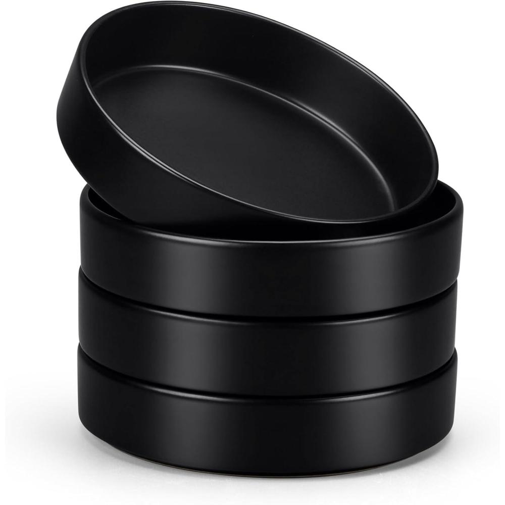 E-far Pasta Bowls Set of 4-35oz Shallow Ceramic Bowl Plates for Serving Dinner, Soup & Salad | Stoneware Pasta Plates | Microwave & Dishwasher Safe | Matte Black(Matte Black)