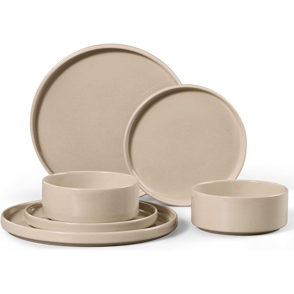E-far 6-Piece Stoneware Dinnerware Sets, Plates and Bowls Set for 2, Kitchen Modern Dishes Set for Everyday & Formal, Chip and Scratch Resistant, Microwave & Dishwasher Safe, Speckled Gray(Bright Khaki)