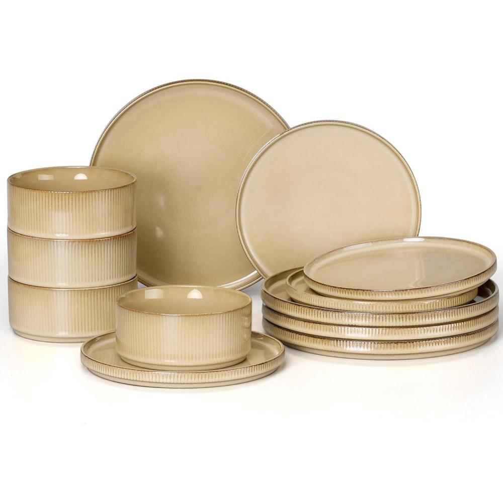 E-far 16 Piece Dinnerware Sets, Plates and Bowls with Pasta Bowls Service for 4, Modern Stoneware Ribbed Dishes for Kitchen Dining, Microwave & Dishwasher Safe, Speckled White(Caramel Khaki)