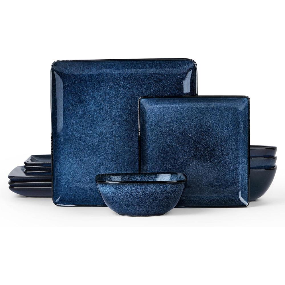 E-far Square Plates and Bowls Sets, 12-Piece Stoneware Dinnerware Sets for 4, Reactive Glaze Dish Set, Chip and Scratch Resistant, Microwave and Dishwasher Safe, Deep Sea Blue(Deep Sea Blue)