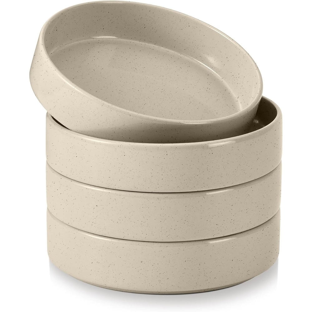 E-far Pasta Bowls Set of 4, 35oz Large Stoneware Bowl Plates | Reactive Glaze Shallow & Wide Ceramic for Soup Salad Dinner | Microwave & Dishwasher Safe, Deep Gray(Deep Khaki)