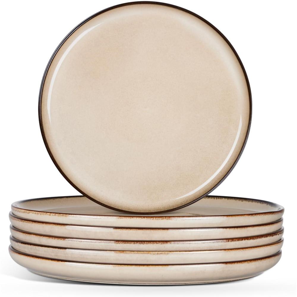 E-far 10.5 Ceramic Dinner Plates Set of 6, Large Reactive Glaze Stoneware Dishes, Round Salad Plate for Home Kitchen Restaurant, Microwave & Dishwasher Safe – Deep Sea Blue(Sandy Beige)