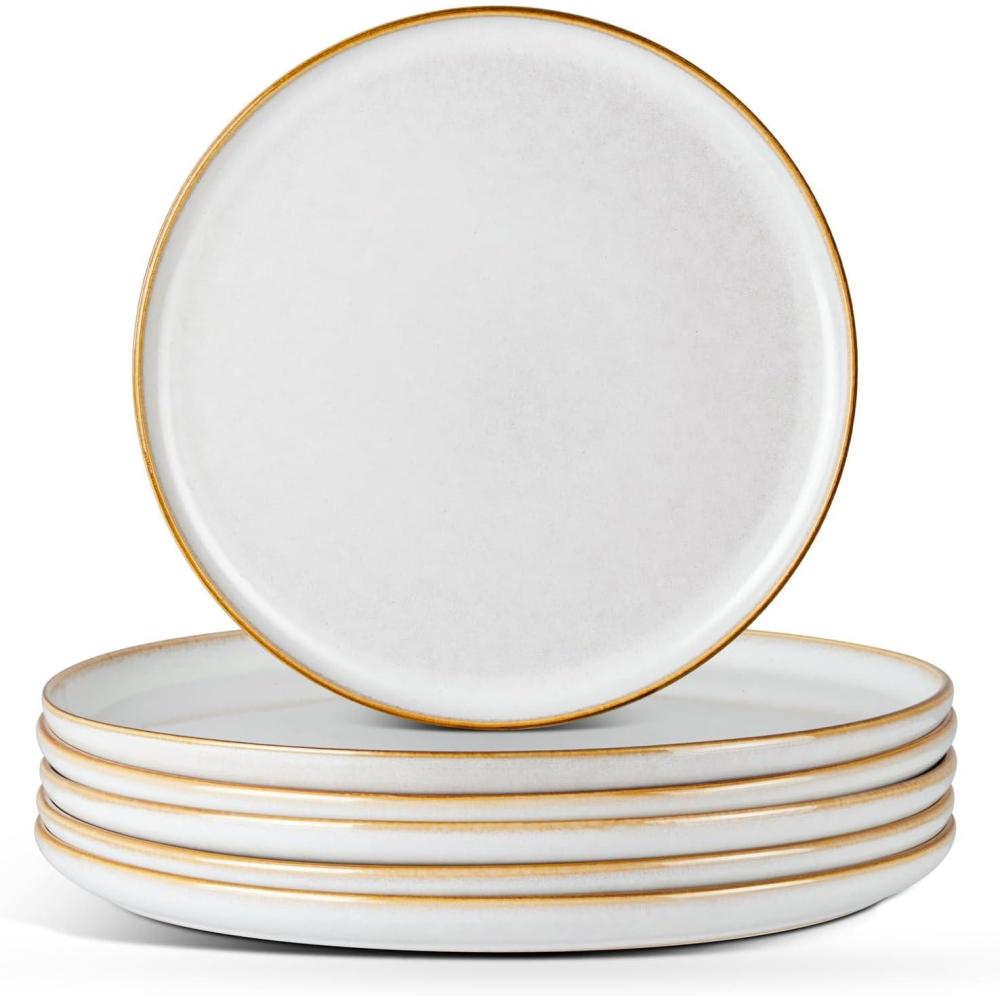 E-far 10.5 Ceramic Dinner Plates Set of 6, Large Reactive Glaze Stoneware Dishes, Round Salad Plate for Home Kitchen Restaurant, Microwave & Dishwasher Safe – Deep Sea Blue(Seashell White)