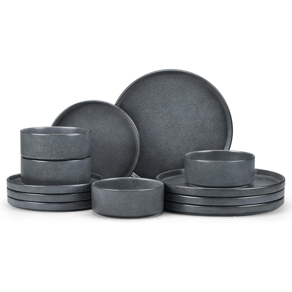 E-far 6-Piece Stoneware Dinnerware Sets, Plates and Bowls Set for 2, Kitchen Modern Dishes Set for Everyday & Formal, Chip and Scratch Resistant, Microwave & Dishwasher Safe, Speckled Gray(Deep Gray)