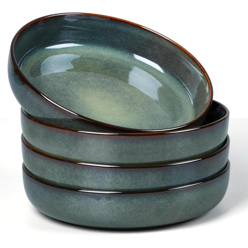 E-far Pasta Bowls Set of 4, 35oz Large Salad Bowls for Serving, Wide and Shallow Ceramic Plates for Kitchen, Double Reactive Glaze, Microwave and Dishwasher Safe, Seashell White(Obsidian Green)