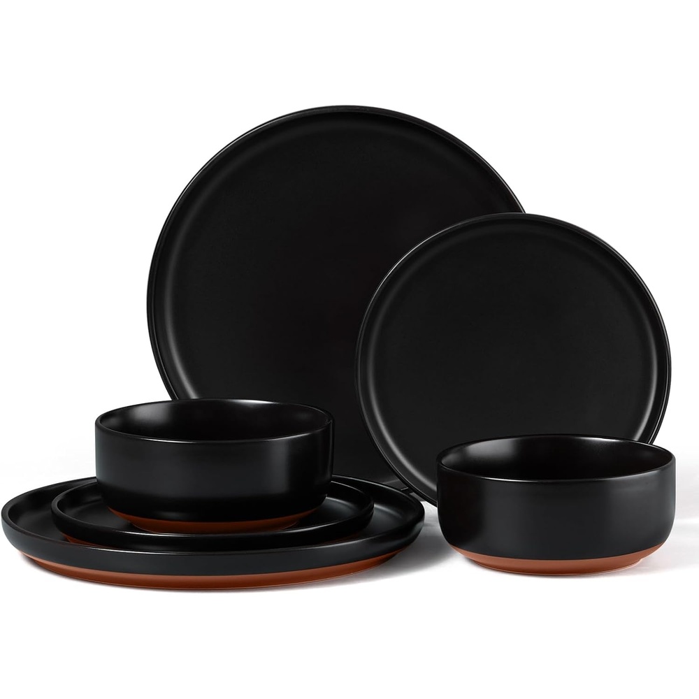 E-far 6-Piece Stoneware Plates and Bowls Sets, Dinnerware Sets for 2, Ceramic Dishware Dishes Set with Terracotta Base, Chip & Scratch Resistant, Microwave & Dishwasher Safe, Matte Black(Matte Black)
