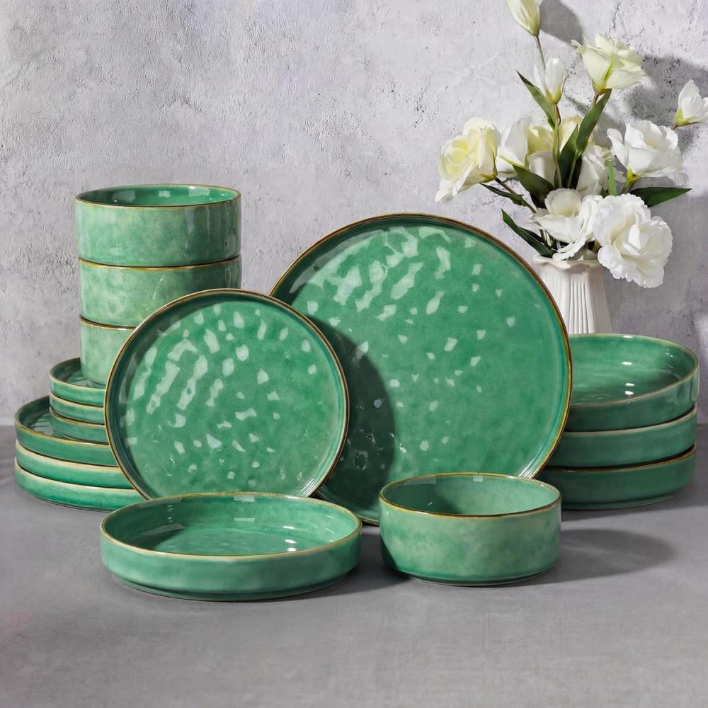 E-far 16-Piece Plates and Bowls Sets with Pasta Bowls – Stoneware Dinnerware Set for 4, Modern Ribbed Dishes, Microwave & Dishwasher Safe, Multicolor(Reactive Green)