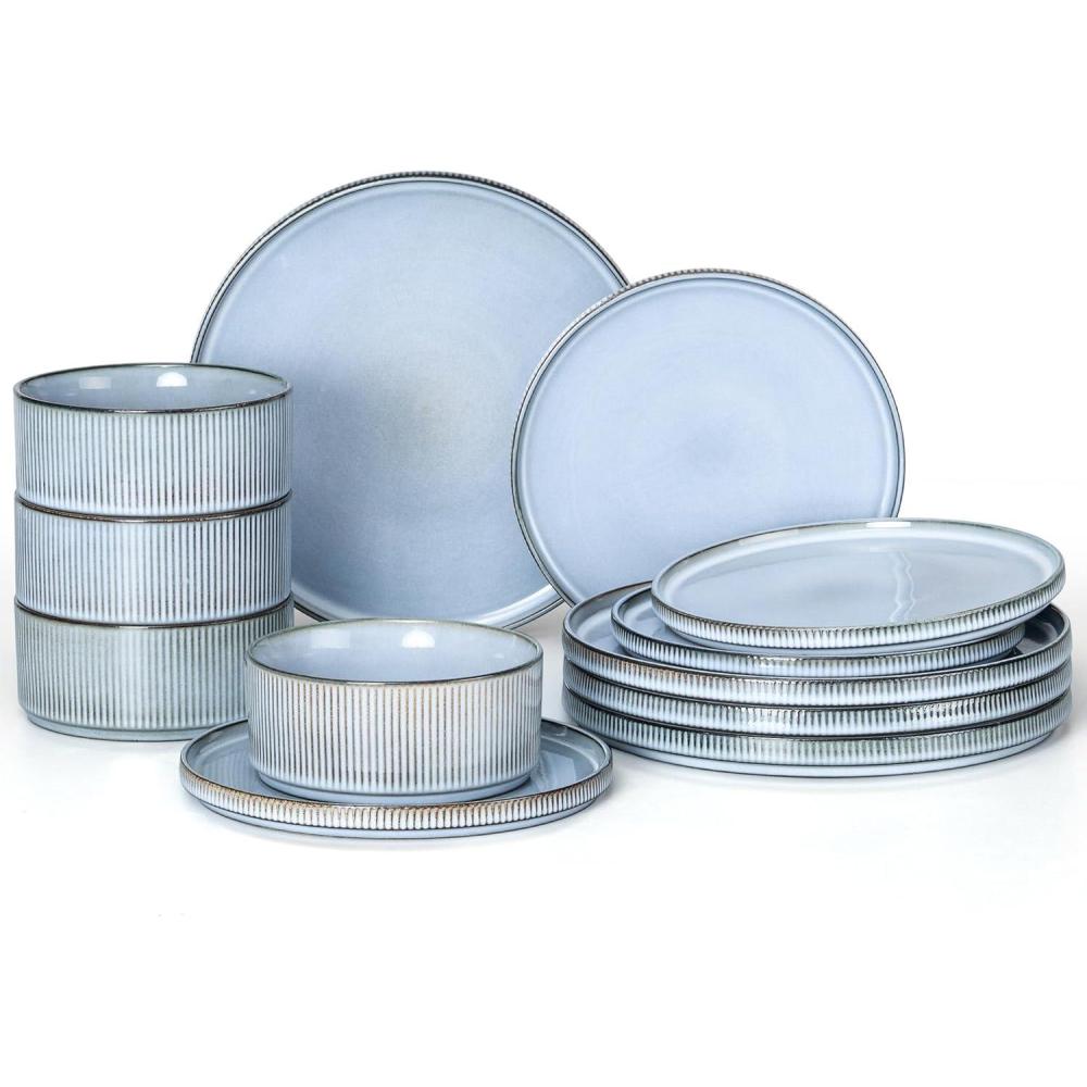 E-far 16 Piece Dinnerware Sets, Plates and Bowls with Pasta Bowls Service for 4, Modern Stoneware Ribbed Dishes for Kitchen Dining, Microwave & Dishwasher Safe, Speckled White(Dusty Blue)
