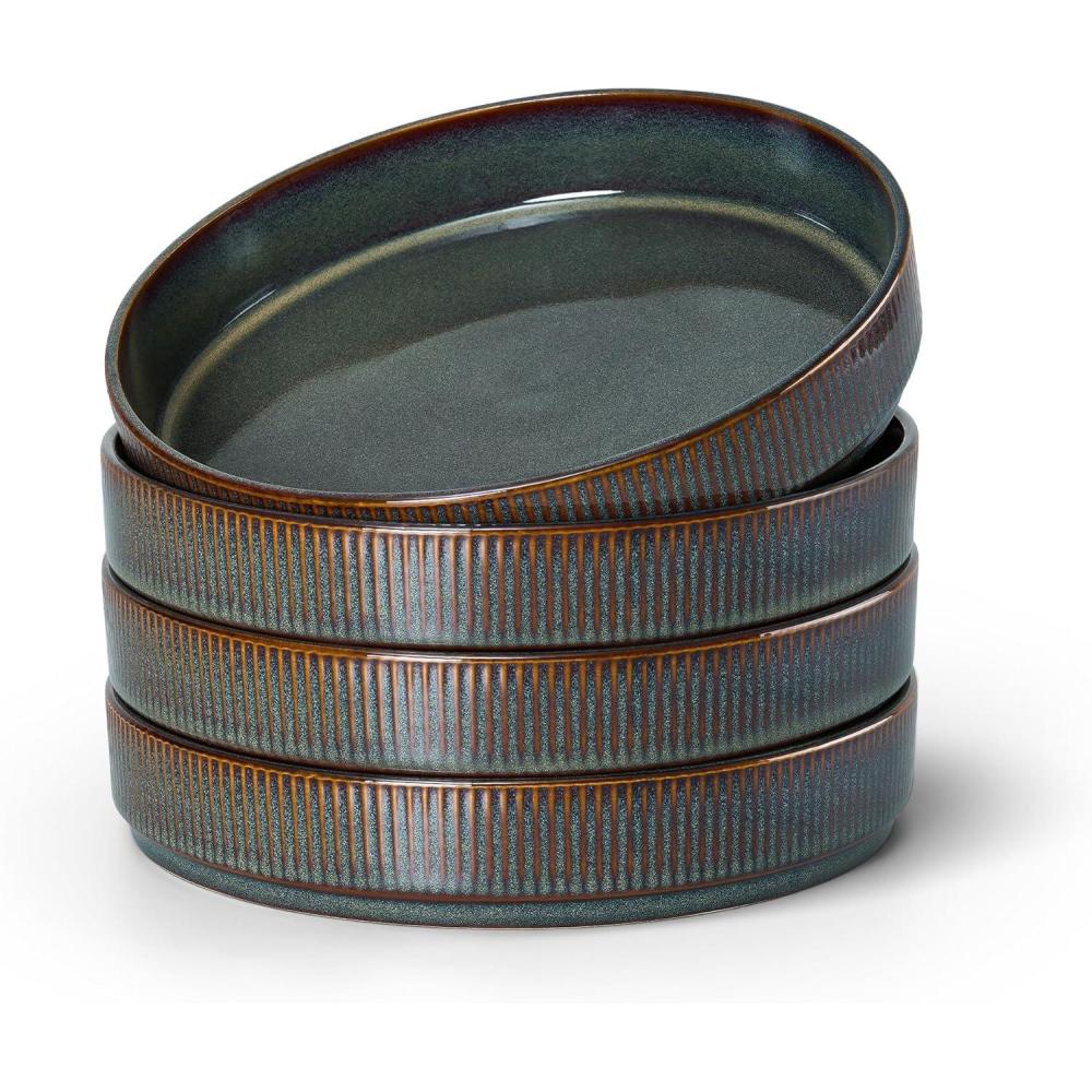 E-far Pasta Bowls Set of 4, 35oz Large Salad Bowl Plate for Dinner Serving Soup, Wide & Shallow Ceramic Stoneware Pasta Plates, Microwave & Dishwasher Safe, Reactive Glaze Texture-Stripe, Matte Black(Blackish Green)