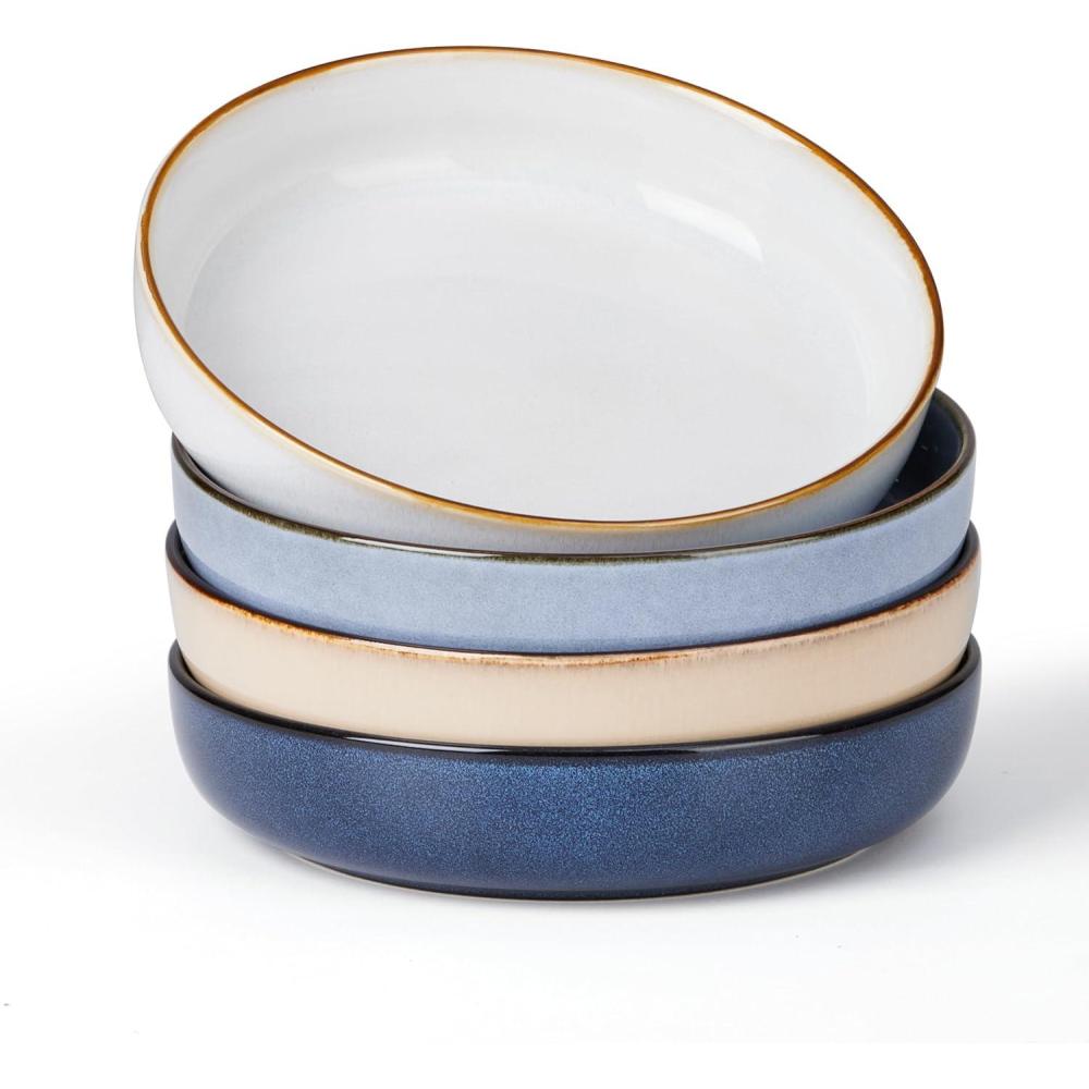 E-far Pasta Bowls Set of 4, 35oz Large Salad Bowls for Serving, Wide and Shallow Ceramic Plates for Kitchen, Double Reactive Glaze, Microwave and Dishwasher Safe, Seashell White(Multicolor)