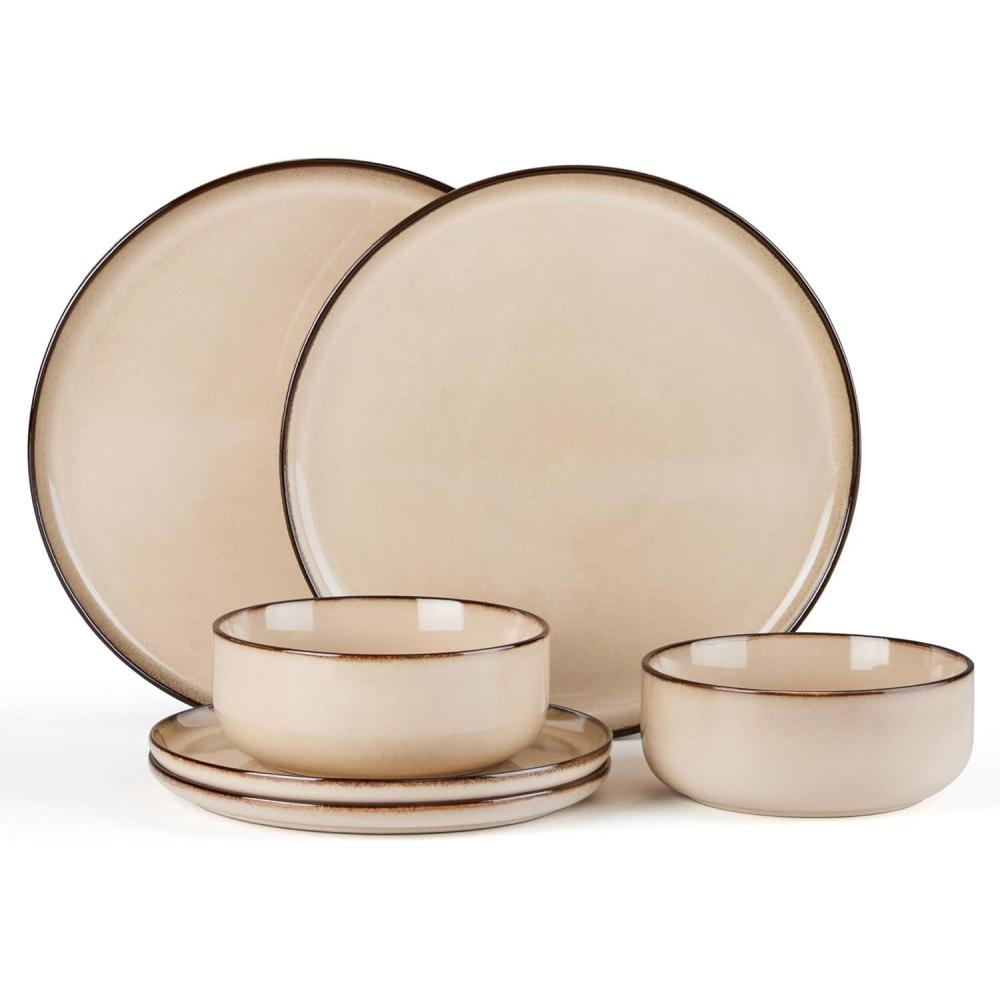 E-far 12-Piece Reactive Glaze Dinnerware Sets, Ceramic Dishes Set for 4, Stoneware Plates and Bowls Dinning Ware, Microwave & Dishwasher Safe – Ocean Blue(Sandy Beige)