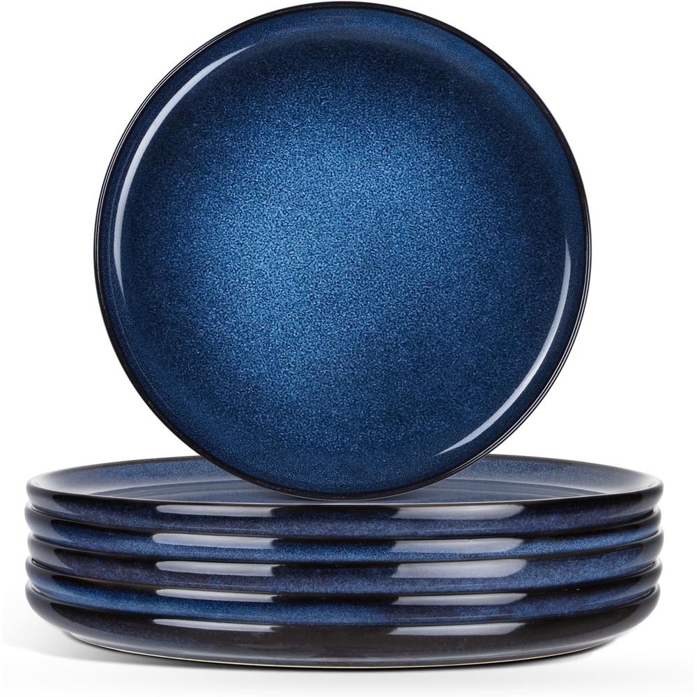 E-far 10.2 Stoneware Dinner Plates Set of 6, Large Modern Ceramic Dishes, Round Salad Plate for Home Kitchen Restaurant, Microwave & Dishwasher Safe – Matte Black(Deep Sea Blue)