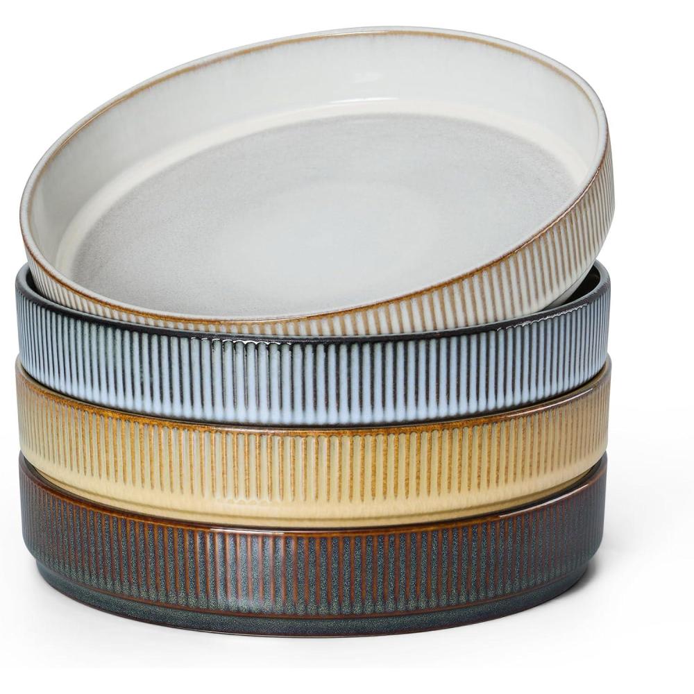 E-far Pasta Bowls Set of 4, 35oz Large Salad Bowl Plate for Dinner Serving Soup, Wide & Shallow Ceramic Stoneware Pasta Plates, Microwave & Dishwasher Safe, Reactive Glaze Texture-Stripe, Matte Black(Multicolor)
