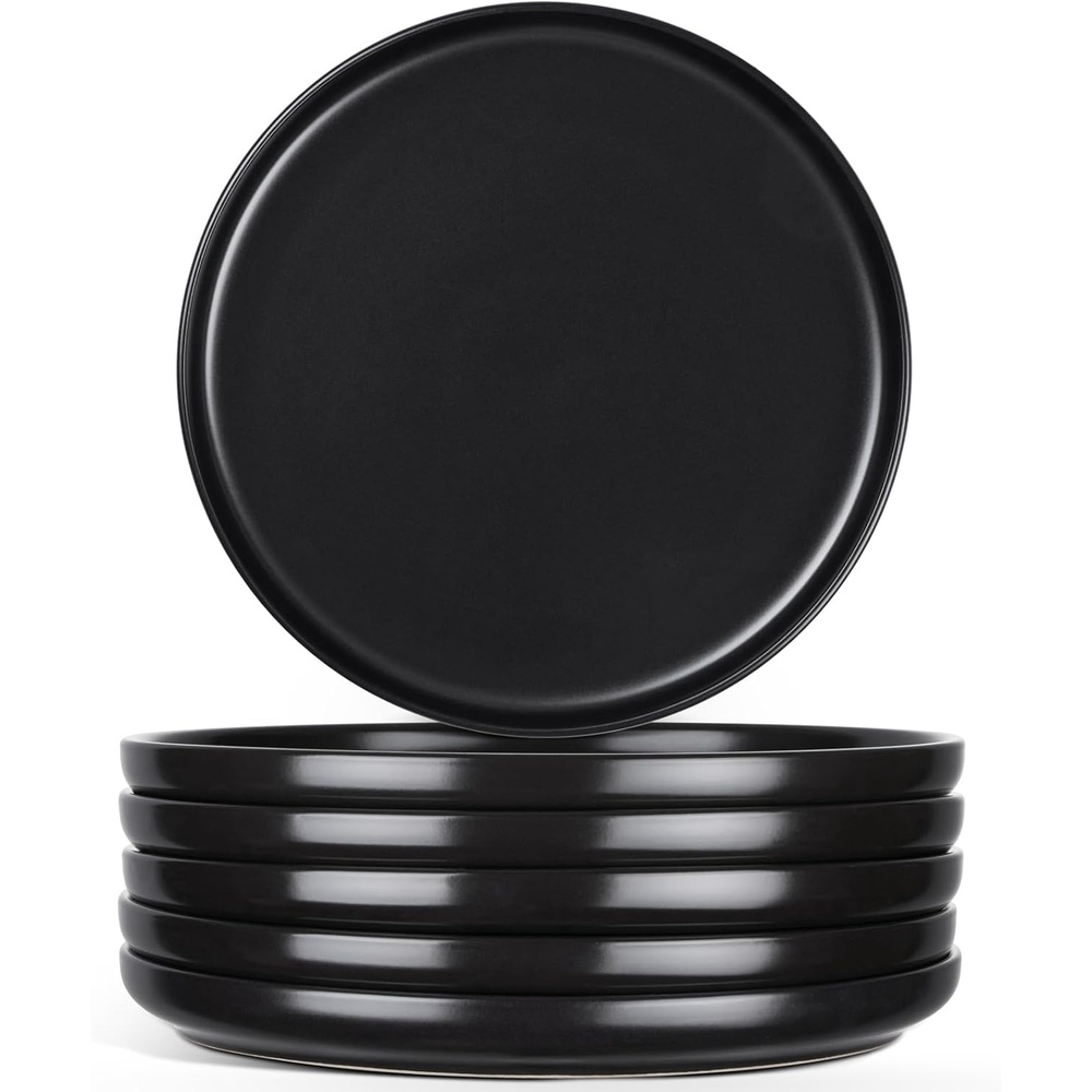 E-far 10.2 Stoneware Dinner Plates Set of 6, Large Modern Ceramic Dishes, Round Salad Plate for Home Kitchen Restaurant, Microwave & Dishwasher Safe – Matte Black(Matte Black)