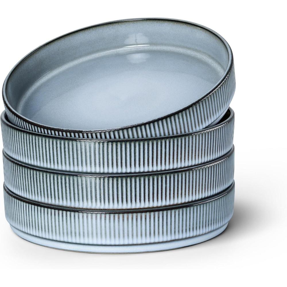 E-far Pasta Bowls Set of 4, 35oz Large Salad Bowl Plate for Dinner Serving, Wide & Shallow Ceramic Stoneware Pasta Plates, Microwave & Dishwasher Safe, Reactive Glaze Textured Stripes, Dark Blue(Dusty Blue)
