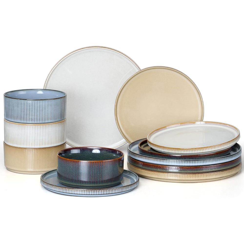 E-far 16 Piece Dinnerware Sets, Plates and Bowls with Pasta Bowls Service for 4, Modern Stoneware Ribbed Dishes for Kitchen Dining, Microwave & Dishwasher Safe, Speckled White(Multicolor)