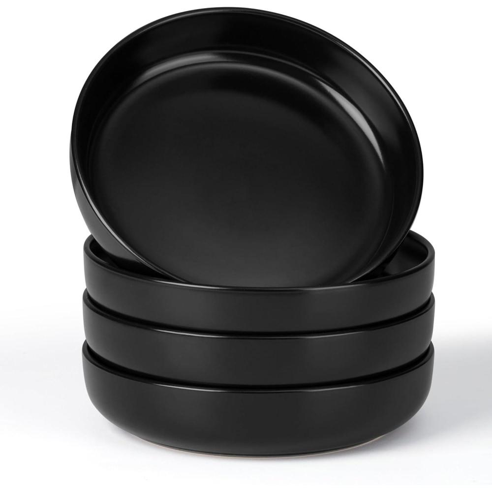 E-far Pasta Bowls Set of 4, 35oz Large Salad Bowls for Serving, Wide and Shallow Ceramic Plates for Kitchen, Double Reactive Glaze, Microwave and Dishwasher Safe, Seashell White(Matte Black)