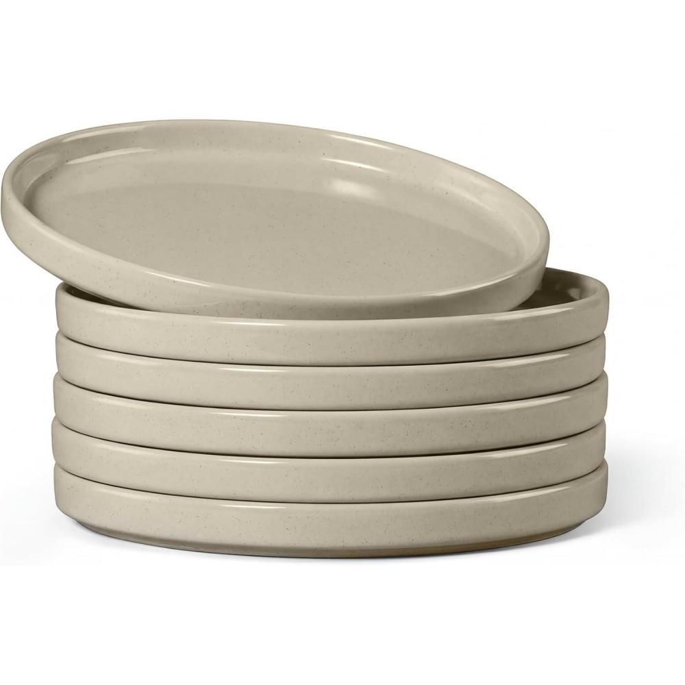 E-far White Dinner Plates Set of 6, 10.5 Inch Stoneware Dinner Plates with Raised Edges, Chip & Scratch Resistant | Microwave & Dishwasher Safe Modern Ceramic Dishes for Dessert Salad, Speckled White(Deep Khaki)