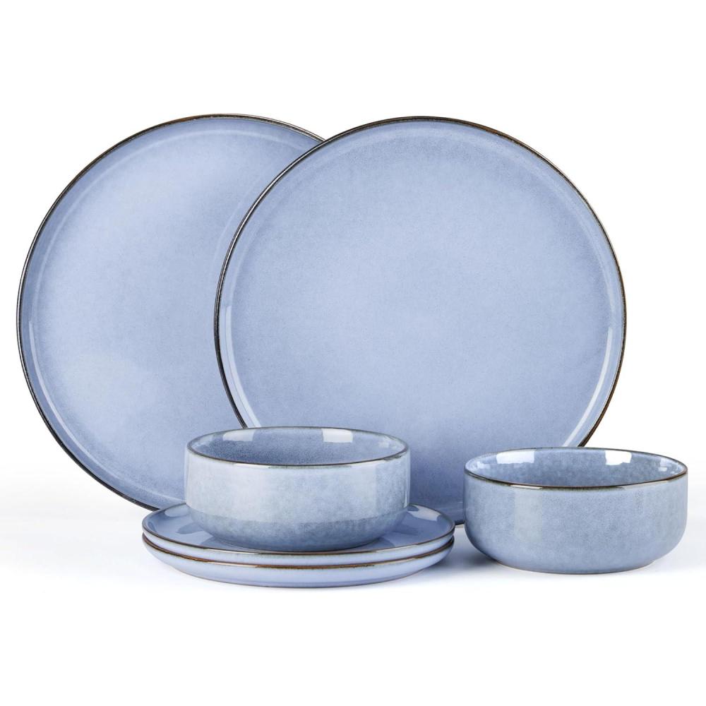 E-far 12-Piece Reactive Glaze Dinnerware Sets, Ceramic Dishes Set for 4, Stoneware Plates and Bowls Dinning Ware, Microwave & Dishwasher Safe – Ocean Blue(Ocean Blue)